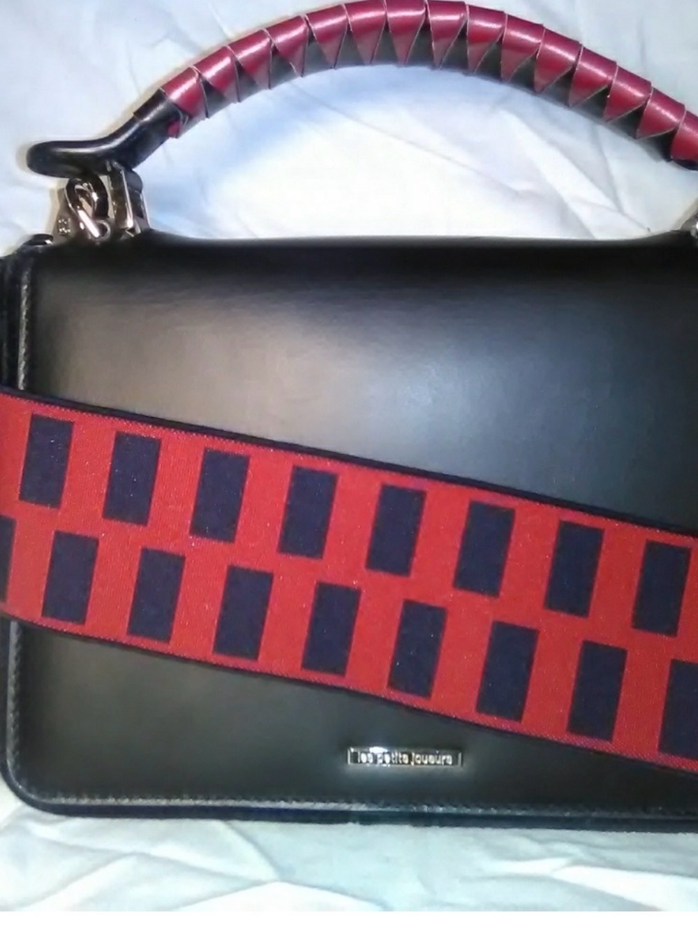 Leather Crossbody Bag with Red & Black Strap